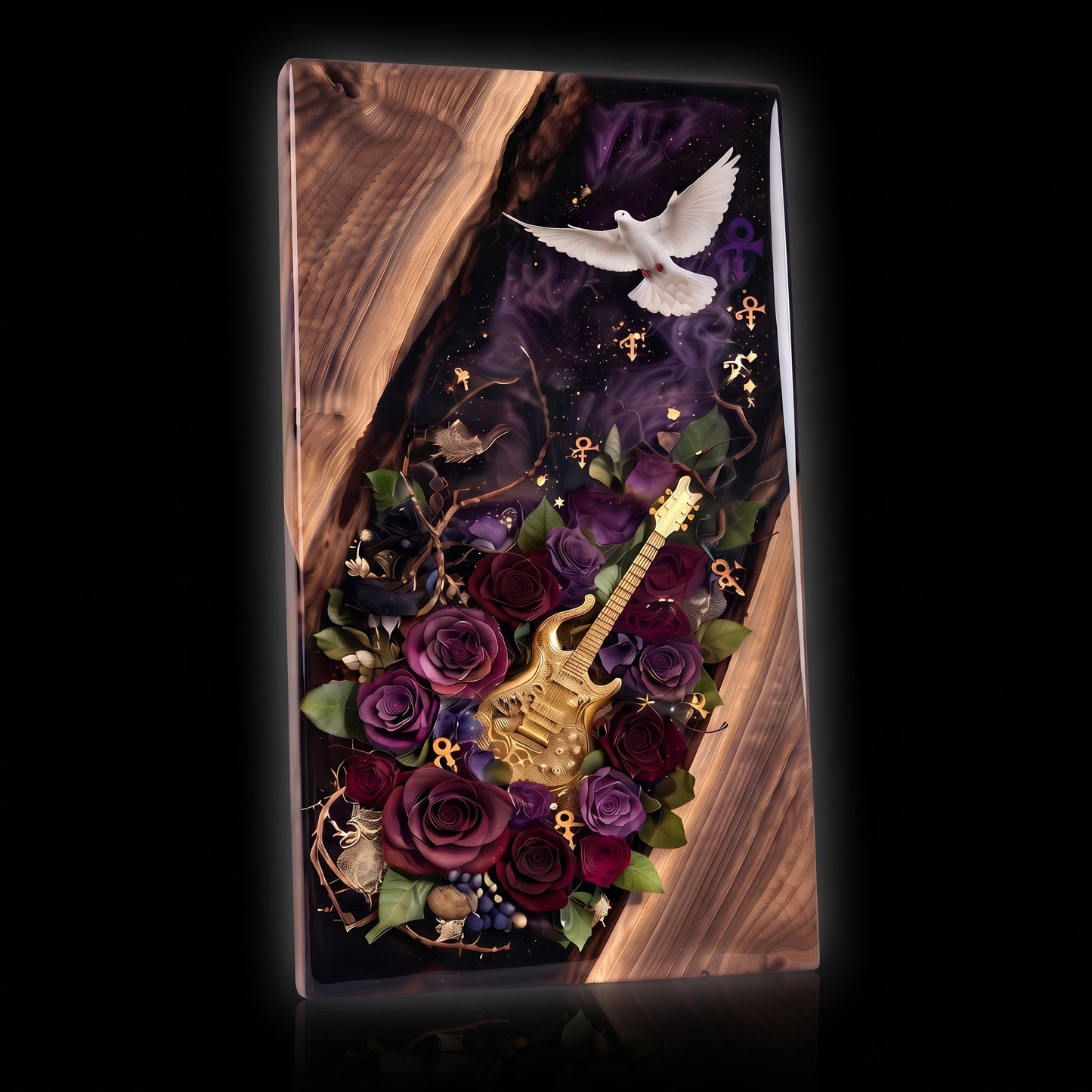 Prince resin tribute board three-quarter angle on black background