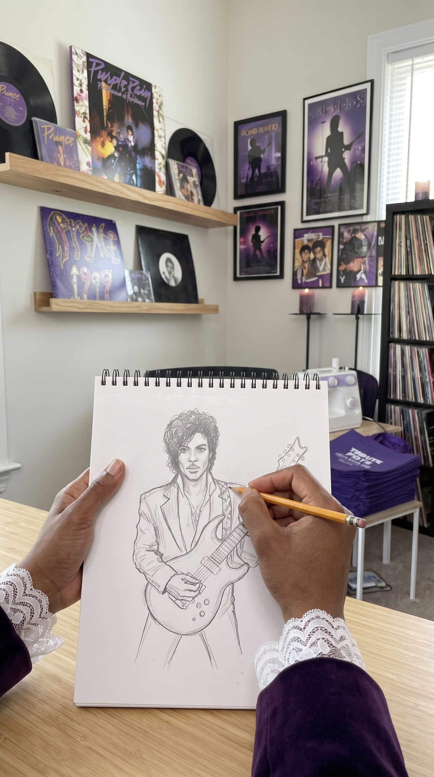 Marcus hand-sketching a Prince portrait